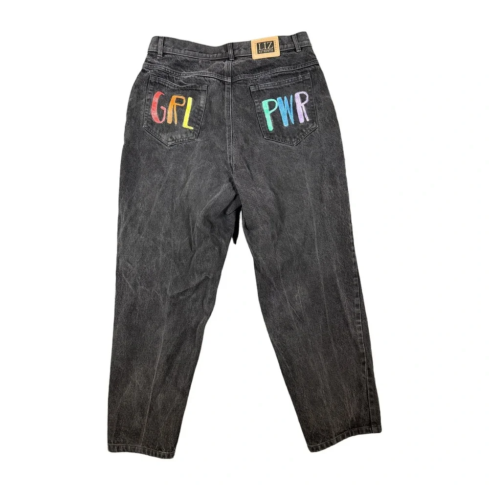 Lizwear Vintage 90s GRL PWR Custom Hand Painted High Rise Mom Jeans Black 14